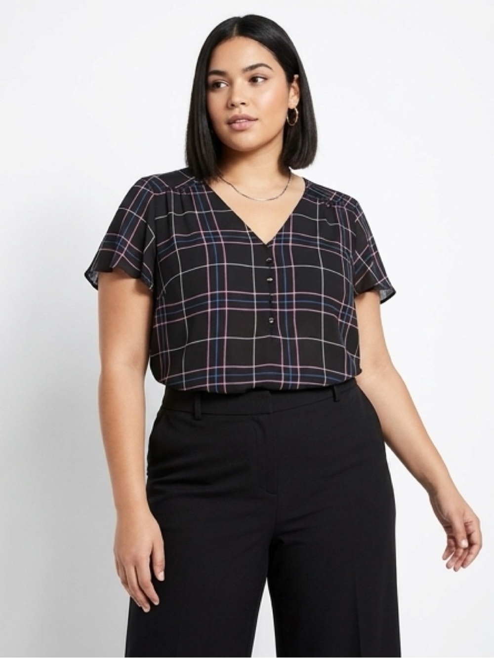 torrid Black Plaid V-Neck Blouse with Pink Trim